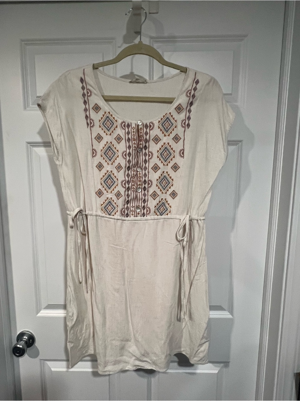 Mystree Cream Embroidered Drawstring Mini Dress
